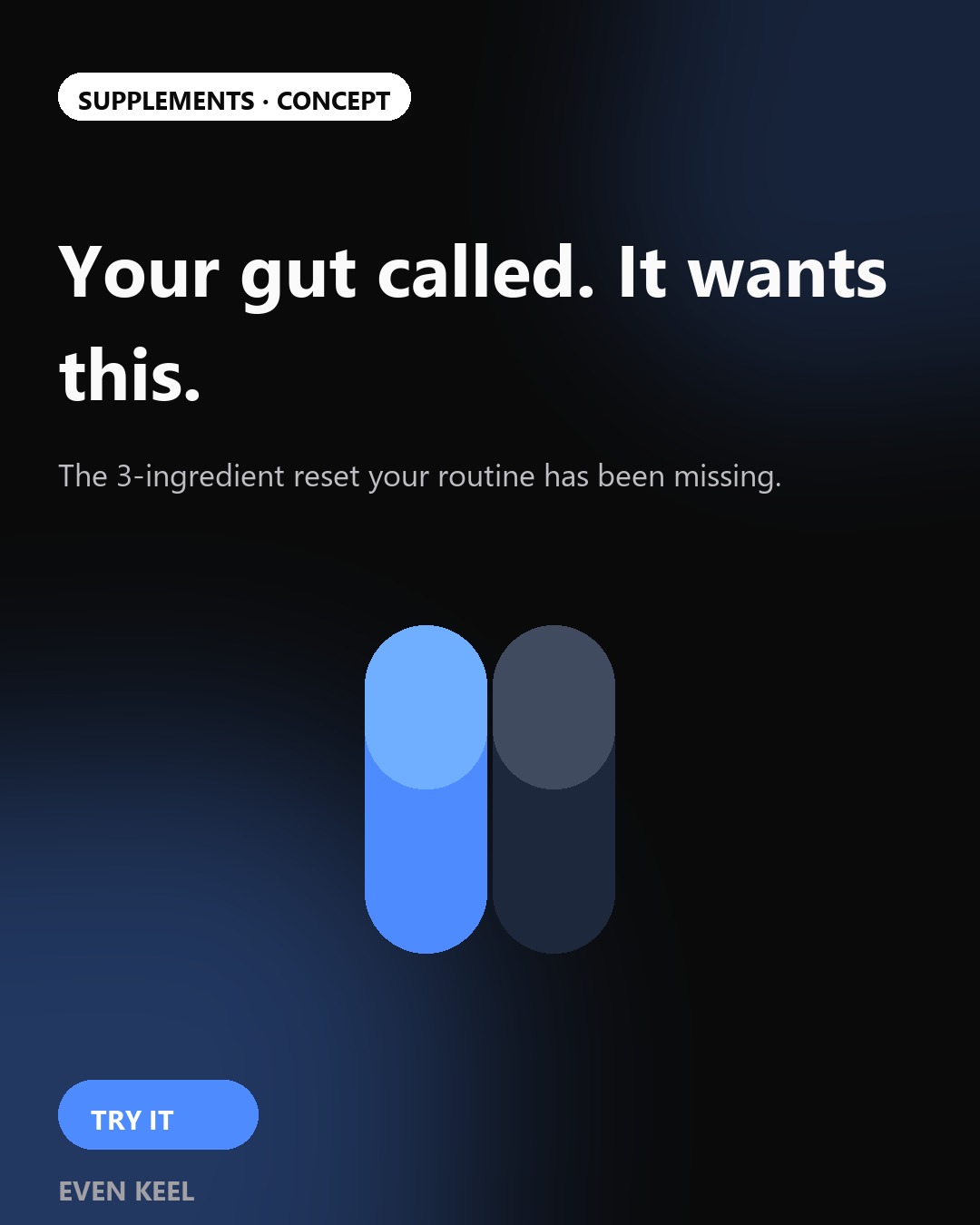 Static ad concept for a fictional supplements brand, Even Keel