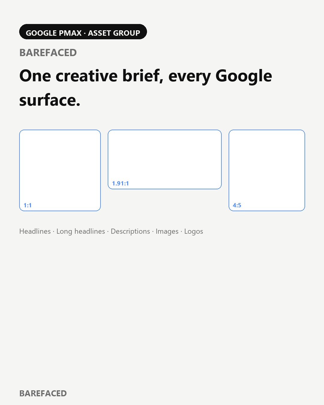 Google PMAX asset group concept for a fictional skincare brand, Barefaced